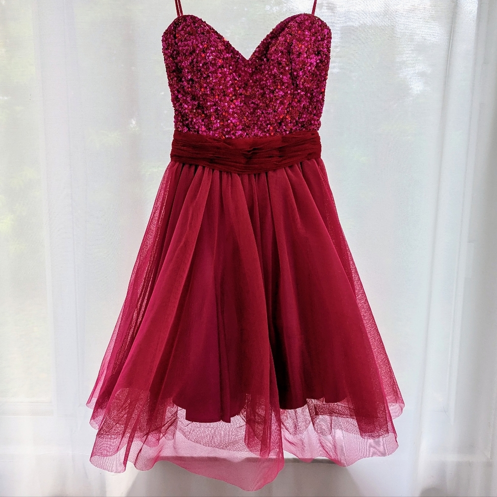 Scala Sequin Bust Tulle Mini Dress Strapless Layer Pink Red Size Small S Evening
